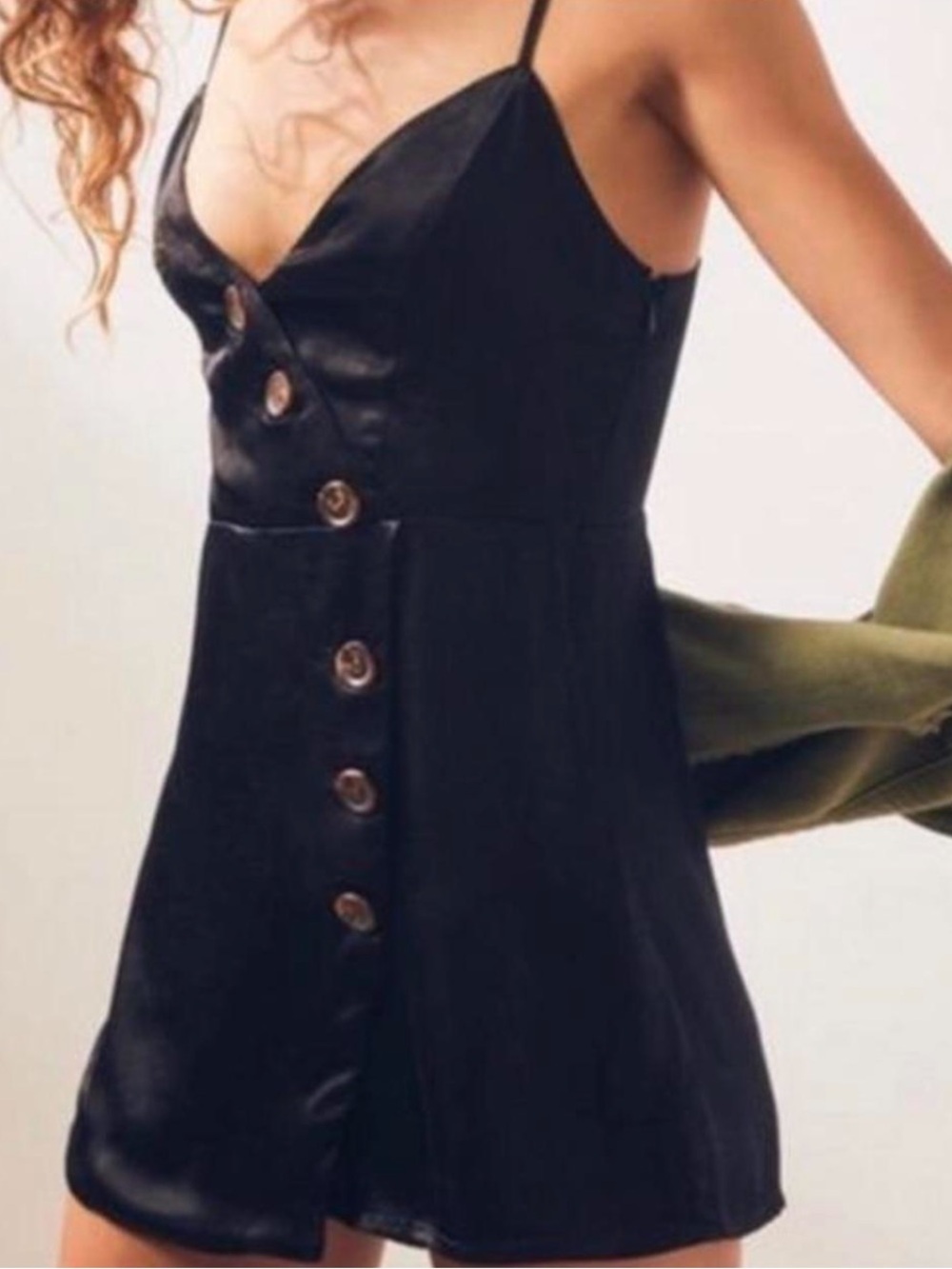 La Hearts Black Asymmetrical Button-Front Mini Slip Dress